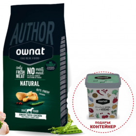 Ултра премиум суха храна за подрастващи кученца OWNAT AUTHOR JUNIOR FRESH CHICKEN моно протеин със 60% истинско, прясно пилешко месо, годжи бери и джинджифил 10кг + подарък контейнер